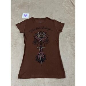 Christian Audigier Rhinestone Crown Dagger Graphic T-Shirt Womens M Brown EUC